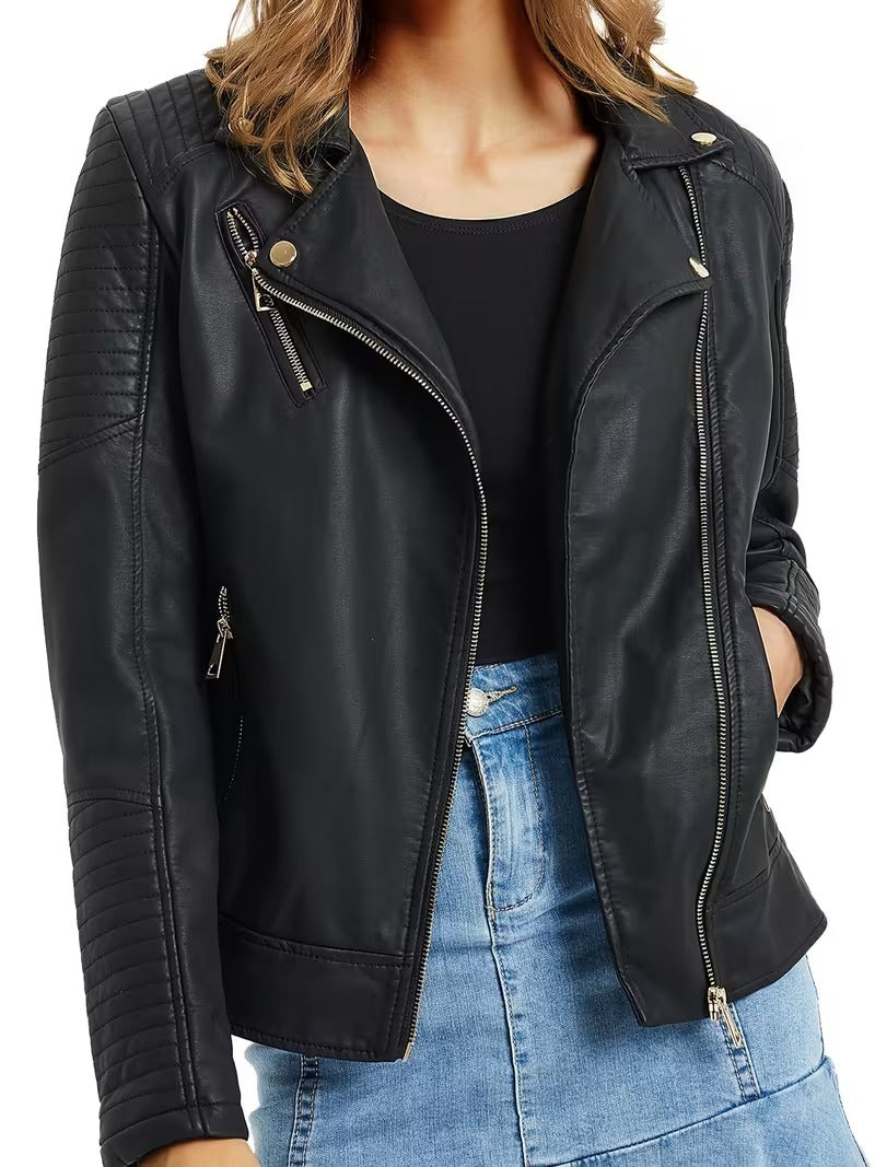 Women’s Leather-Look Short Motorcycle Jacket – Casual & Versatile Coat