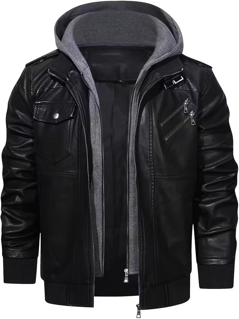 Titan Men’s Vintage Leather Moto Biker Jacket with Hood