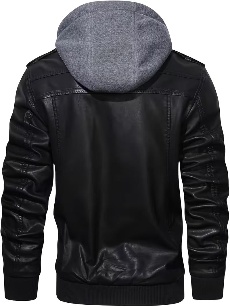 Titan Men’s Vintage Leather Moto Biker Jacket with Hood