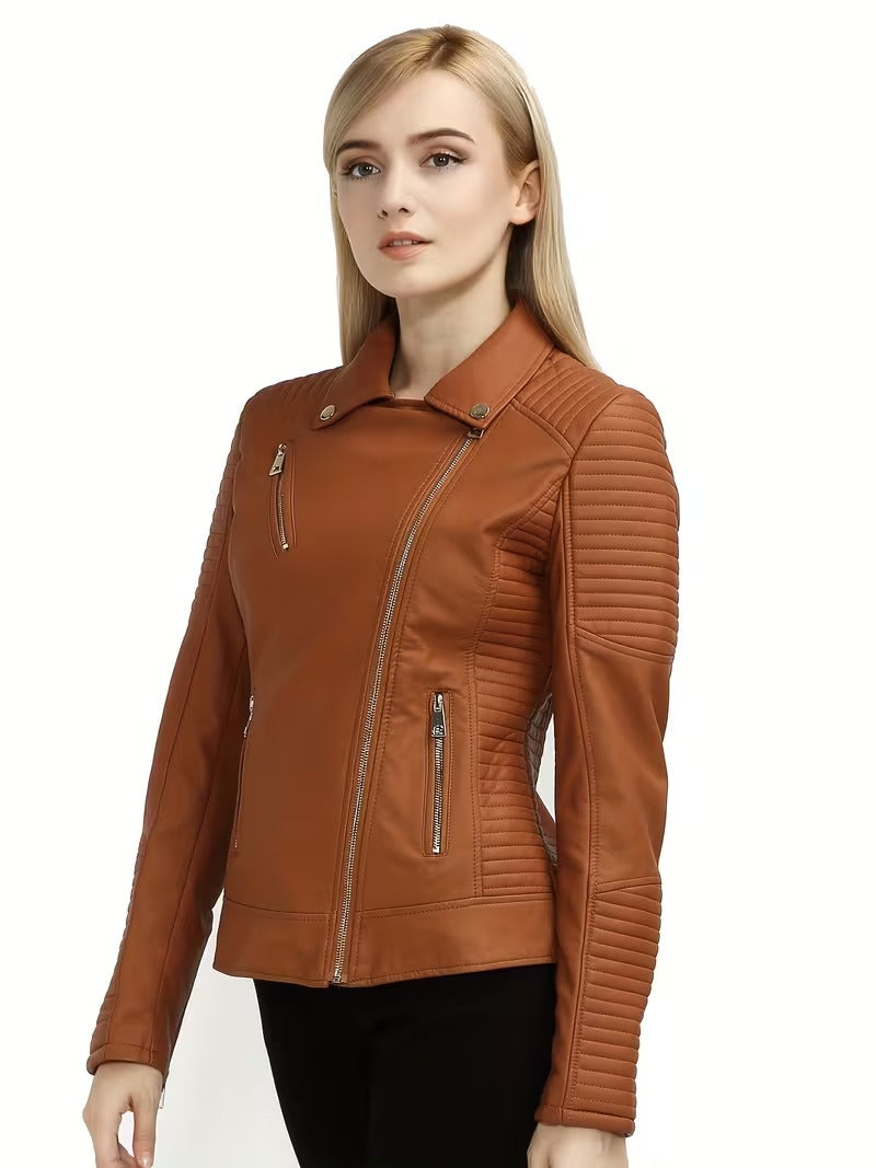 Women’s Leather-Look Short Motorcycle Jacket – Casual & Versatile Coat