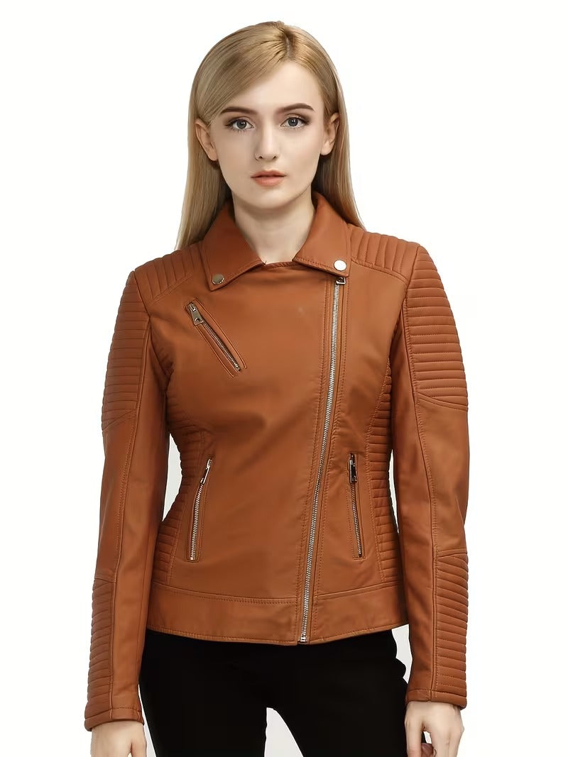 Women’s Leather-Look Short Motorcycle Jacket – Casual & Versatile Coat