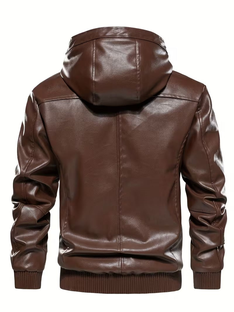 Men’s Vintage Leather Hooded Jacket – Tear-Resistant & Cozy Winter Coat