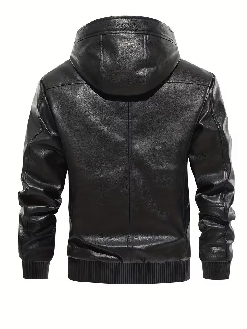 Men’s Vintage Leather Hooded Jacket – Tear-Resistant & Cozy Winter Coat