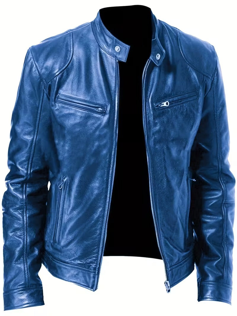 Men’s Vintage Full-Zip Motorcycle Jacket – Heavy-Duty Leather Look Coat