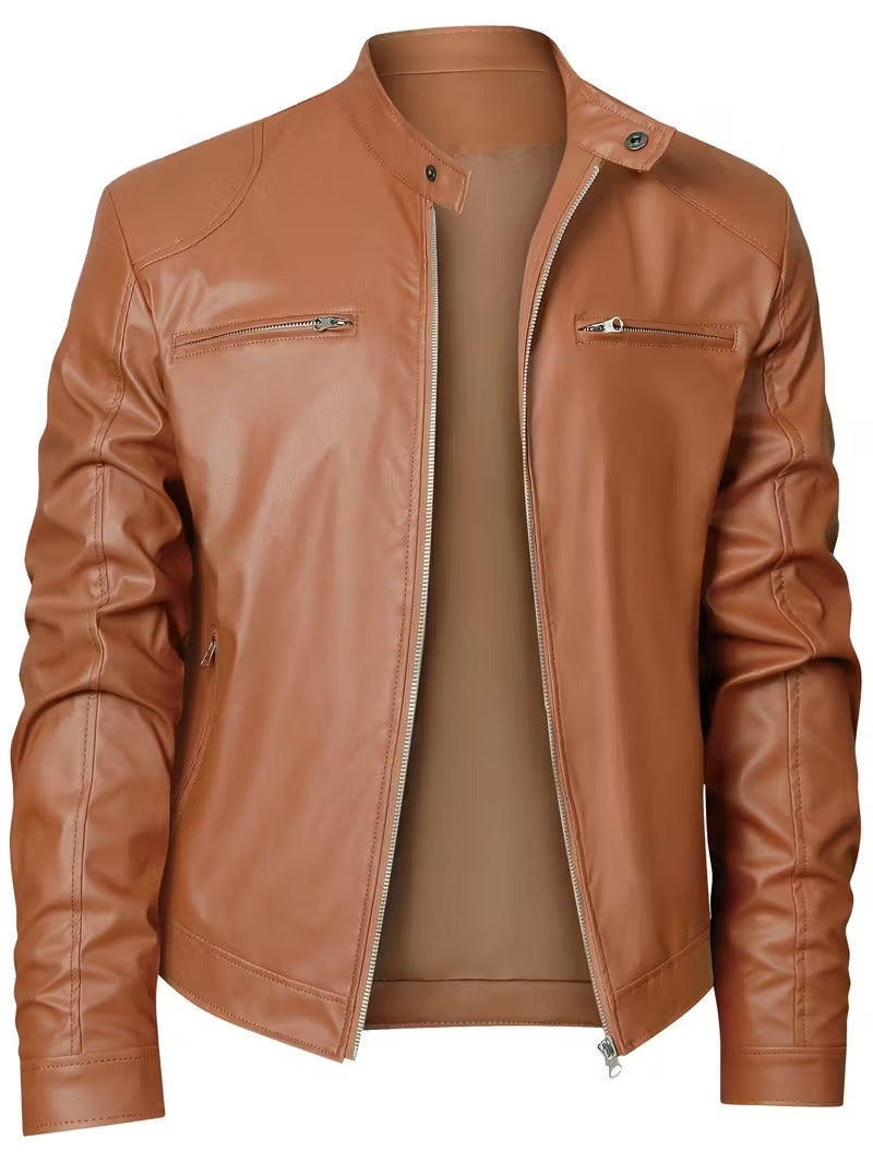 Men’s Vintage Full-Zip Motorcycle Jacket – Heavy-Duty Leather Look Coat