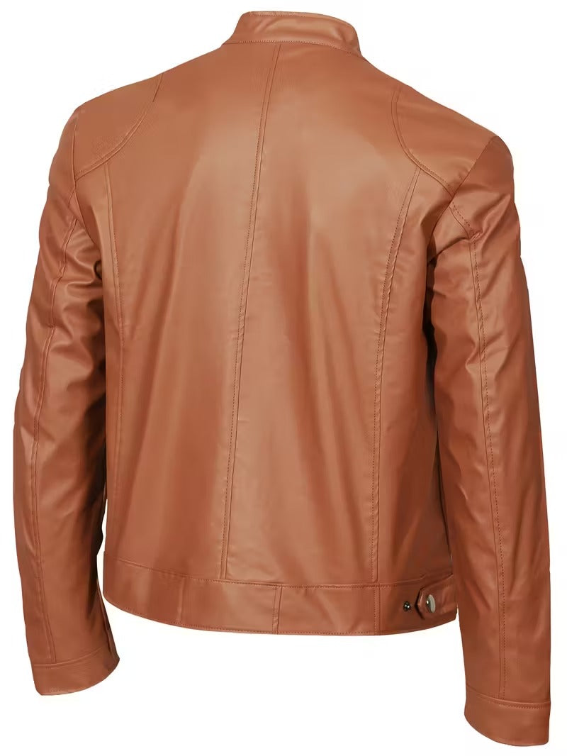 Men’s Vintage Full-Zip Motorcycle Jacket – Heavy-Duty Leather Look Coat