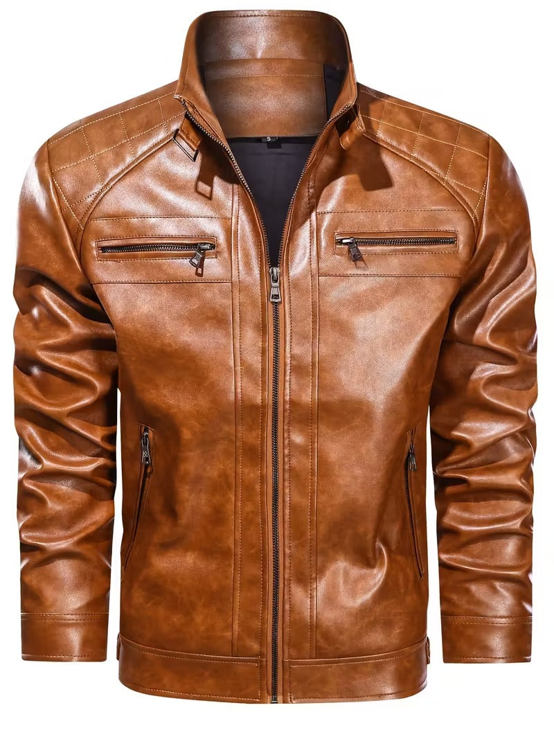 Men’s Leather Biker Jacket – Casual Moto Style with Zipper Pockets