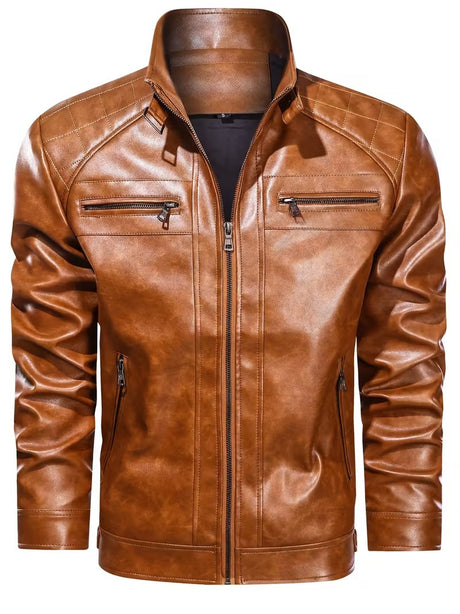 Men’s Leather Biker Jacket – Casual Moto Style with Zipper Pockets