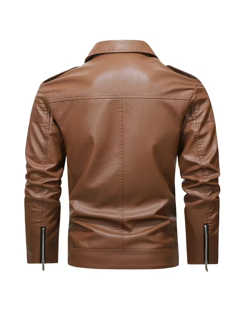 Men’s Black Leather Motorcycle Jacket – Windproof Full-Zip Biker Coat