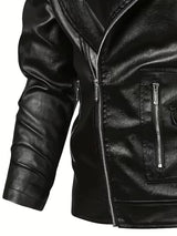 Men’s Black Leather Motorcycle Jacket – Windproof Full-Zip Biker Coat