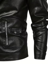 Men’s Black Leather Motorcycle Jacket – Windproof Full-Zip Biker Coat