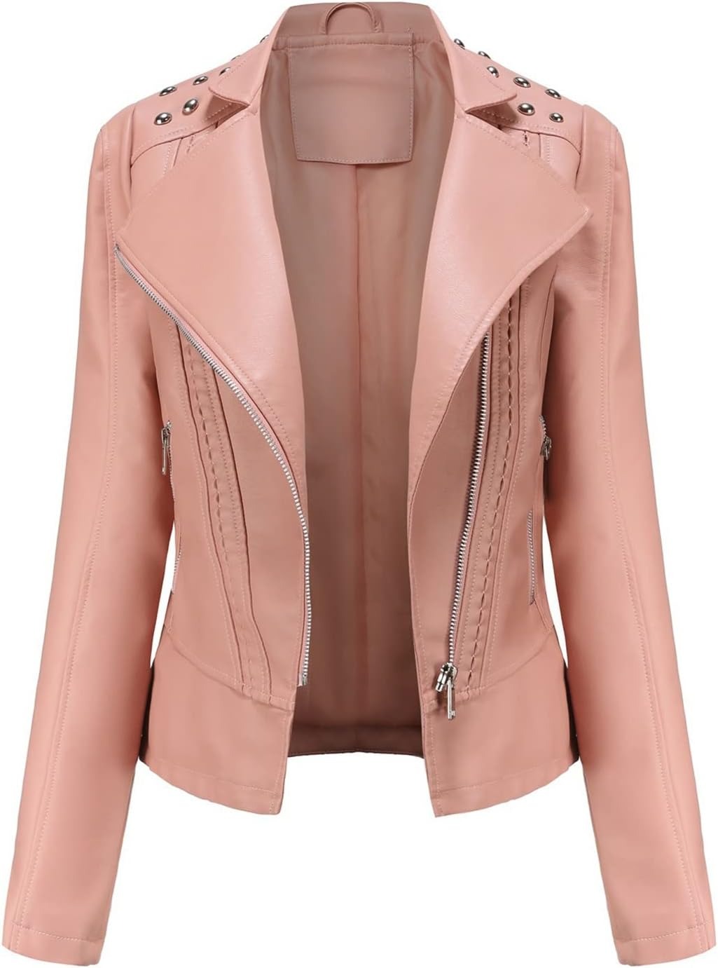 Women’s Leather Biker Jacket – Short Moto Coat with Stand Collar