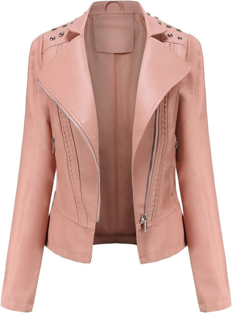 Women’s Leather Biker Jacket – Short Moto Coat with Stand Collar