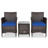 3 Pcs Rattan Patio Conversation Set Wicker Outdoor Furniture Set with Coffee Table & 2 Cushioned Sofa