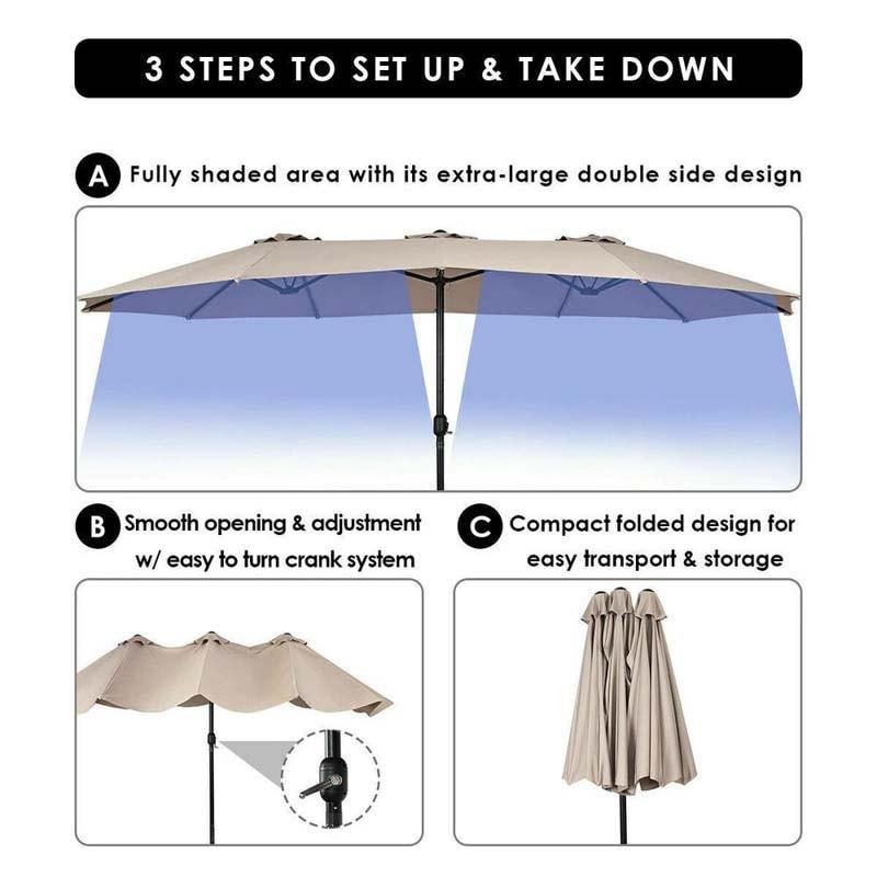 15 FT Double-Sided Outdoor Patio Umbrella with Crank, Extra Large 12 Ribs Steel Market Umbrella for Poolside, Deck & Backyard