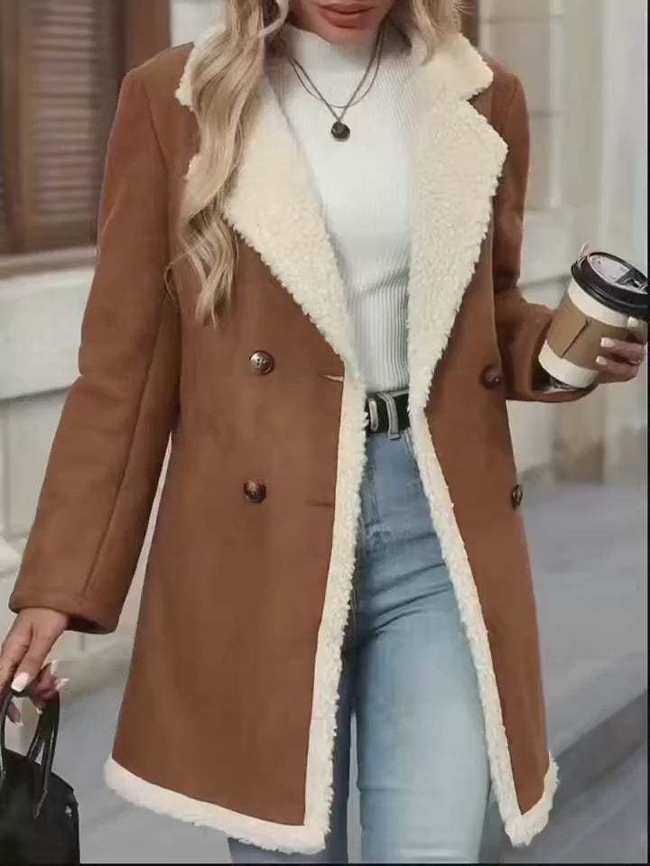 Women’s Leather Double-Breasted Coat – Long Sleeve Fall Winter Outerwear