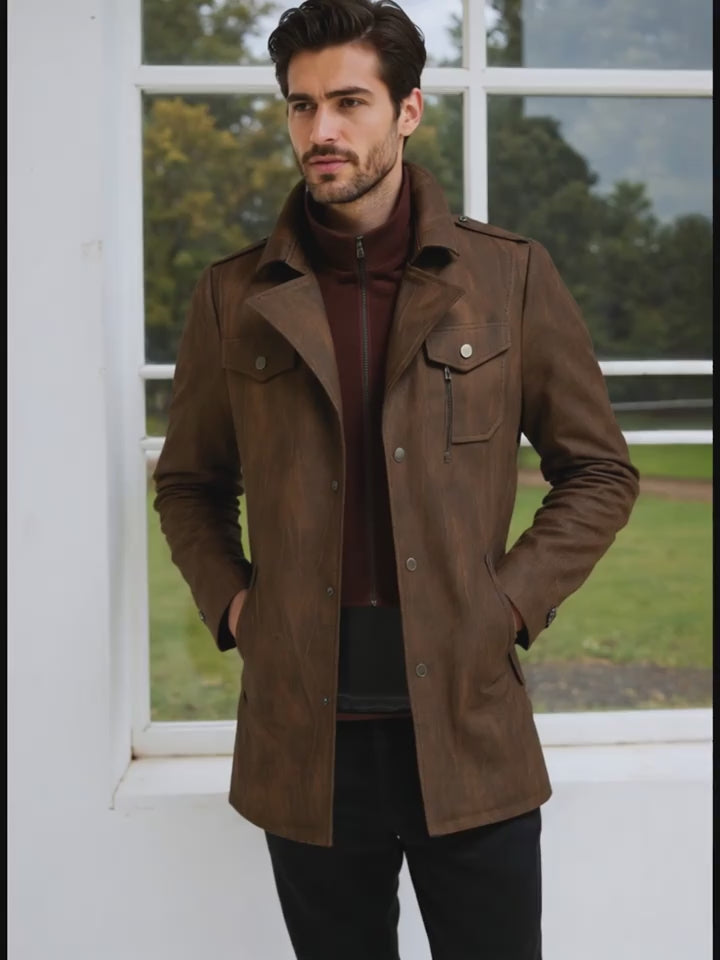 Men’s High-End Windproof Leather Jacket – Trench Style Outerwear for All Seasons
