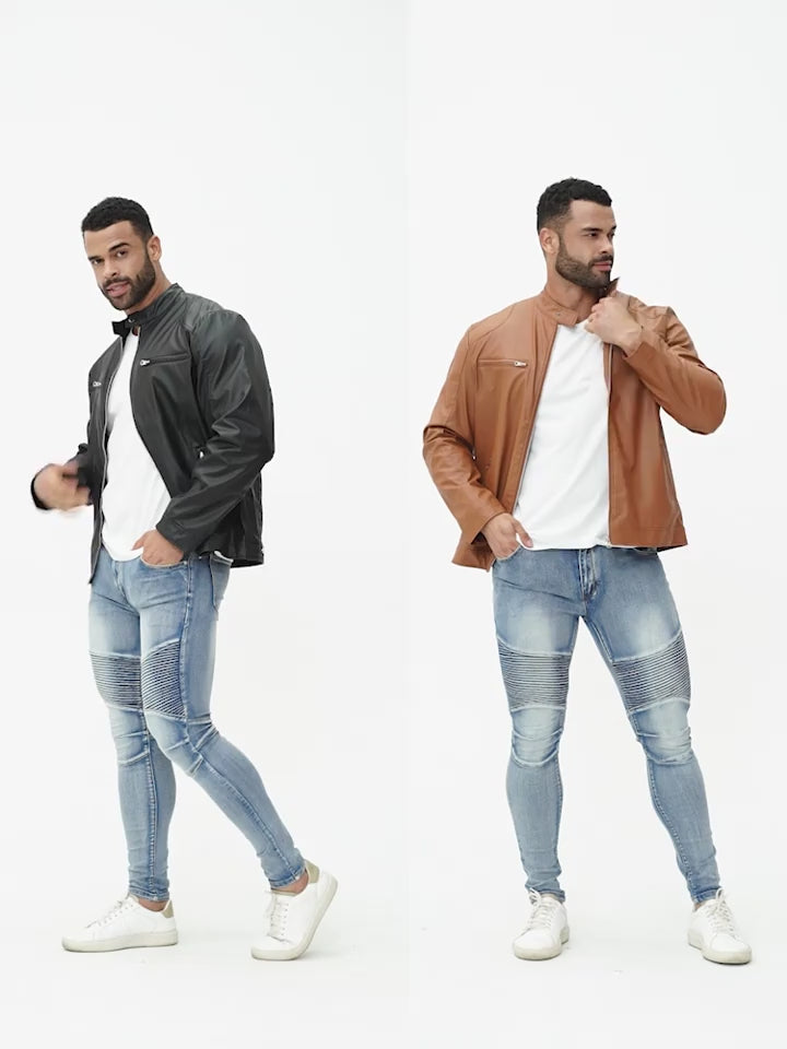 Men’s Vintage Full-Zip Motorcycle Jacket – Heavy-Duty Leather Look Coat