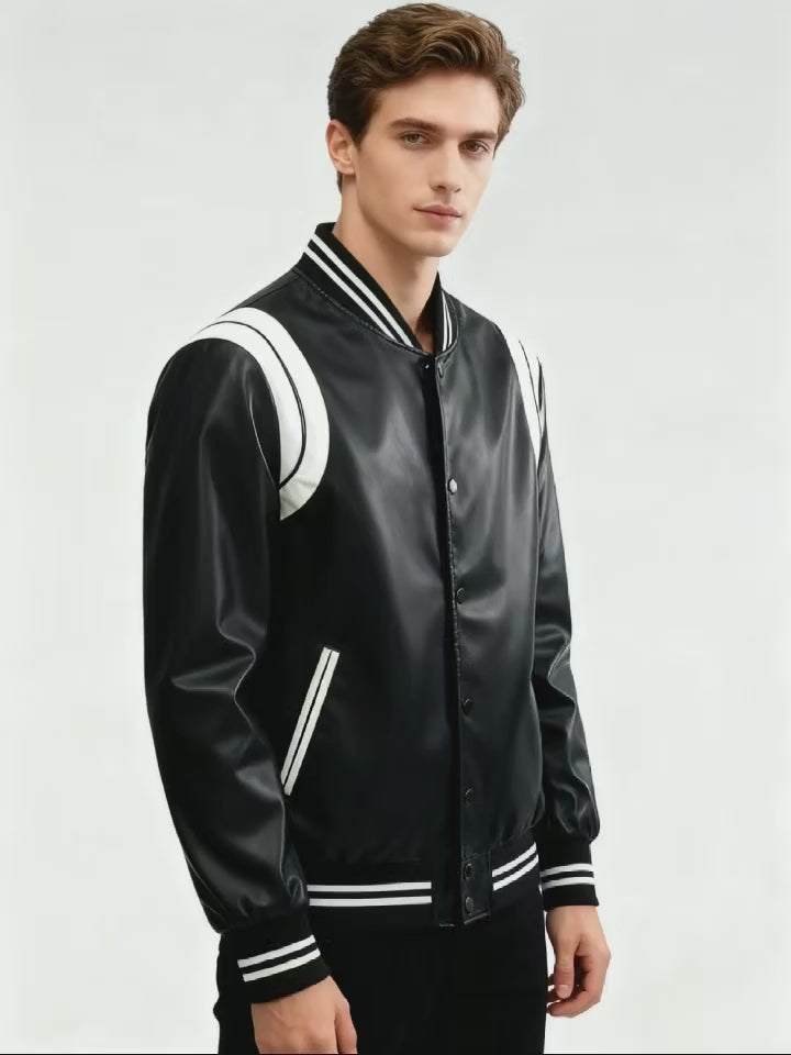Men’s Leather Motorcycle Jacket – Color Block Stand Collar Baseball Coat
