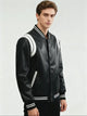 Men’s Leather Motorcycle Jacket – Color Block Stand Collar Baseball Coat