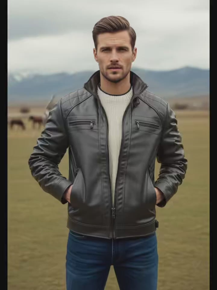 Men’s Leather Biker Jacket – Casual Moto Style with Zipper Pockets