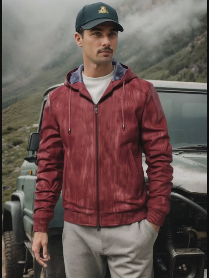 Men’s Vintage Leather Hooded Jacket – Tear-Resistant & Cozy Winter Coat