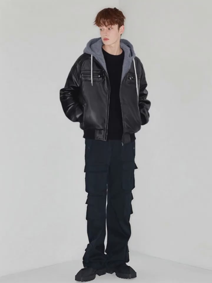 Men’s Leather Motorcycle Jacket with Removable Hood