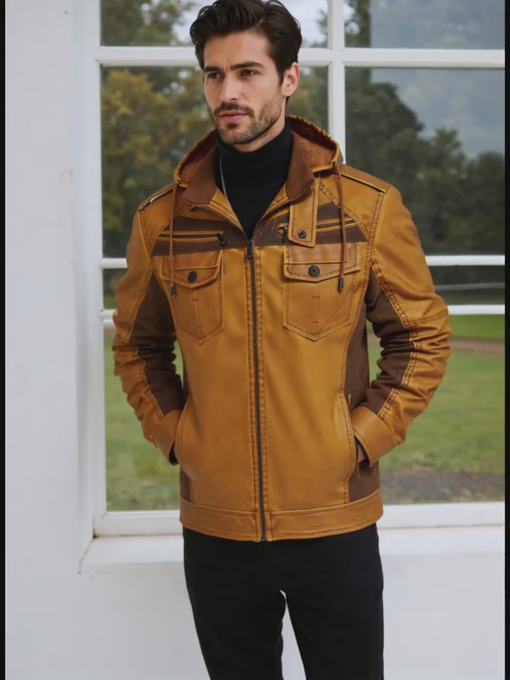 Men’s Windproof Leather Jacket with Fleece Lining – Warm Casual Outerwear