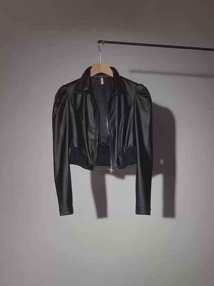 Women’s Chic Matte Leather Cropped Jacket with Ruffle Sleeves & Zipper Detail