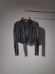 Women’s Chic Matte Leather Cropped Jacket with Ruffle Sleeves & Zipper Detail