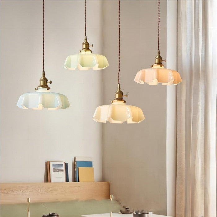 Retro Glass Flower Pendant Light Fixture - Cream Hanging Lamp for Living Room & Dining Room Decor