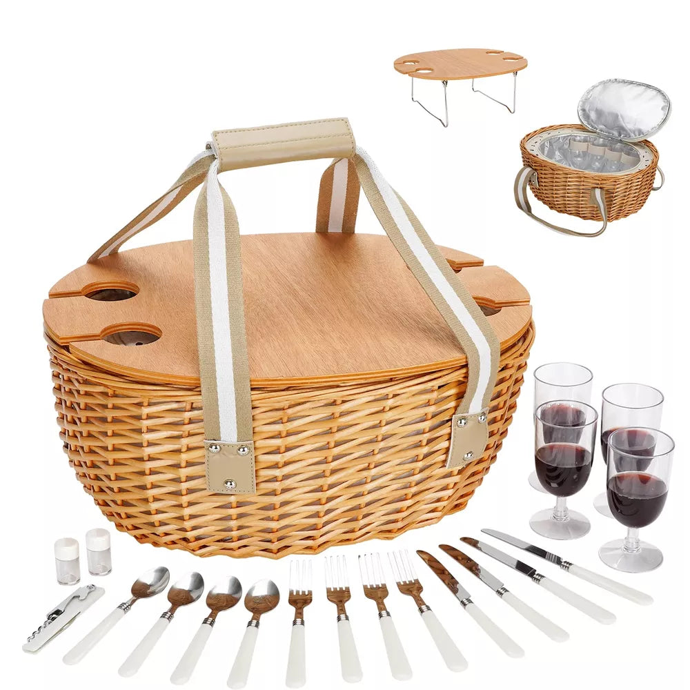 Outdoor Dining Picnic Basket for 2 with Insulated Cooler and Folding Table