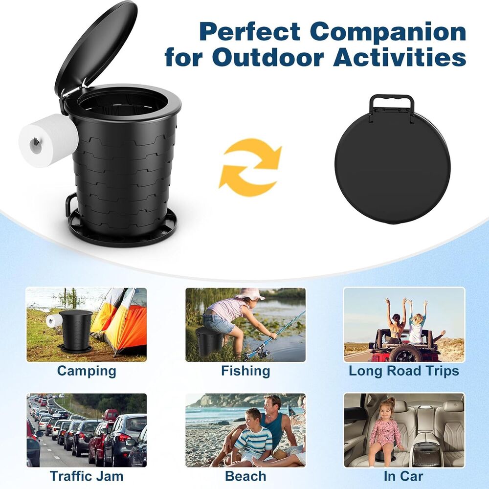 Portable Toilet for Camping: Retractable with Lid & Paper Holder