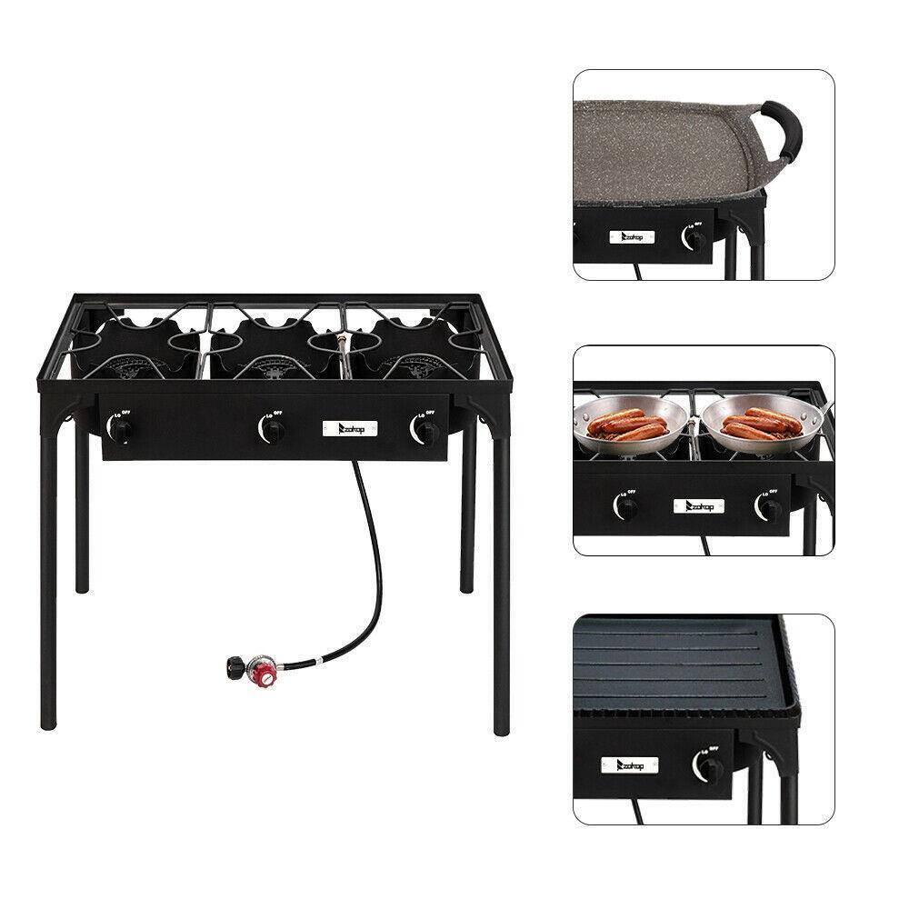 Outdoor Camping Stove Grill: Portable Propane 3-Burner Cooker (225,000 BTU)