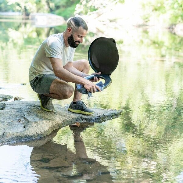 Portable Black Bucket Toilet Seat with Snap-On Lid for Camping