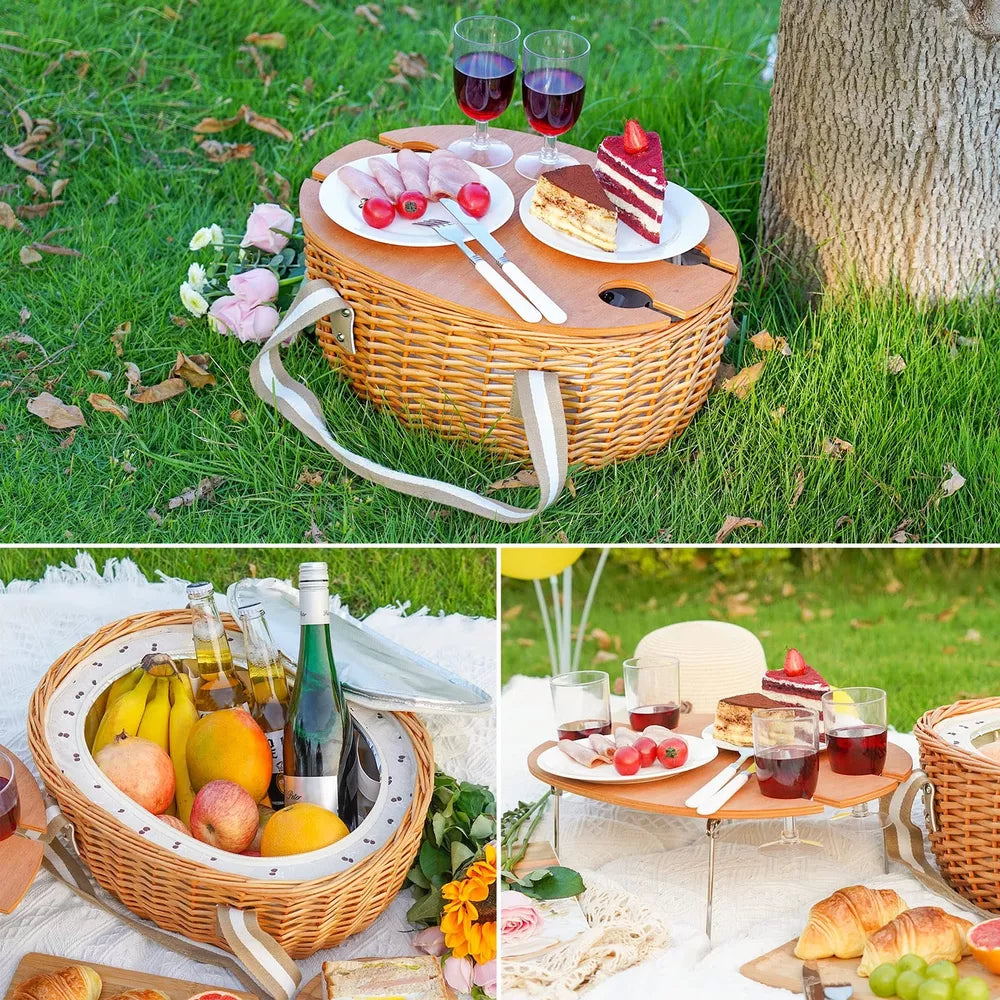 Outdoor Dining Picnic Basket for 2 with Insulated Cooler and Folding Table