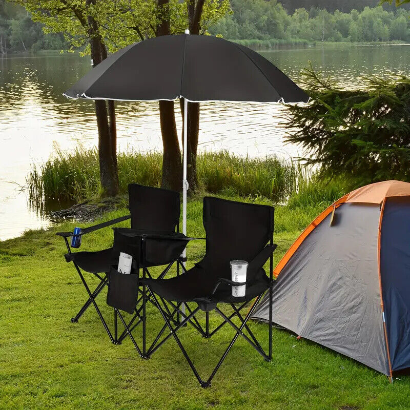 Portable Double Chair with Umbrella, Table, and Cooler