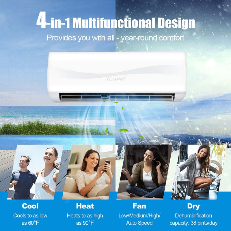 9000 BTU 17 SEER2 Mini Split Air Conditioner & Heater Ductless Inverter System, 208-230V Wall-Mounted AC Unit with Heat Pump