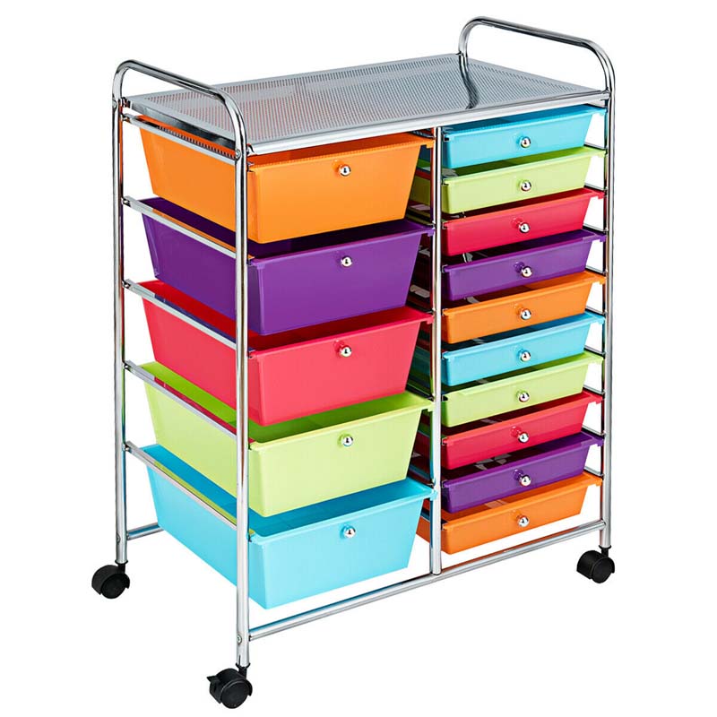15-Drawer Storage Drawer Cart Tools Scrapbook Paper Organizer Cart Office School Utility Cart Rolling Storage Cart with Wheels
