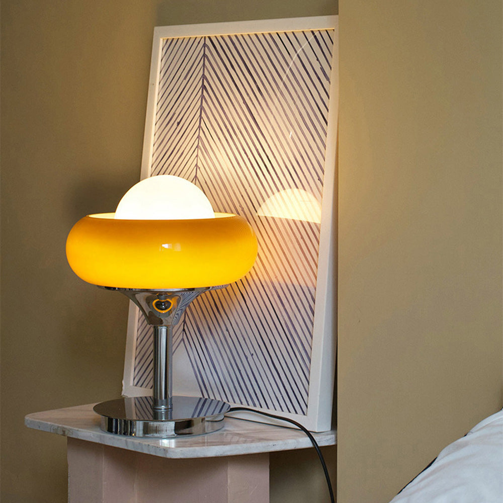 Vintage Bauhaus Glass Table Lamp with Yellow Shade - Mid-Century Modern Lighting for Living Room & Bedroom