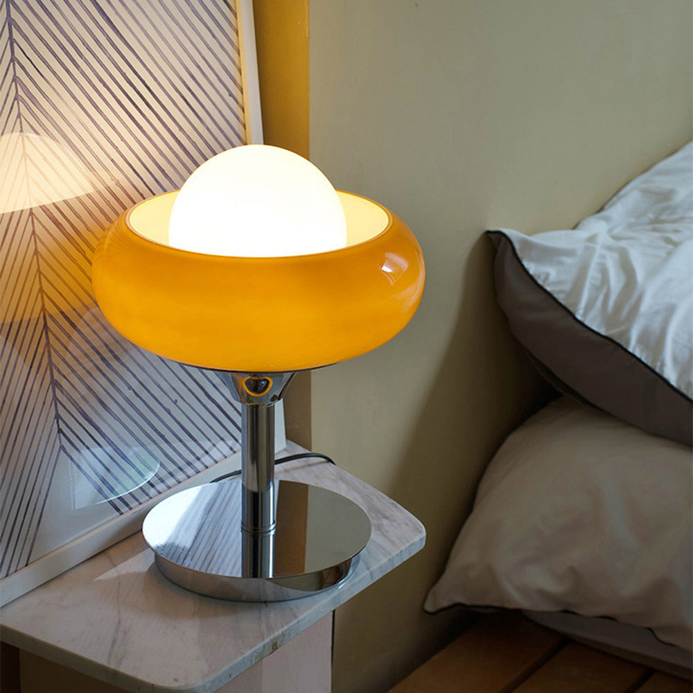 Vintage Bauhaus Glass Table Lamp with Yellow Shade - Mid-Century Modern Lighting for Living Room & Bedroom