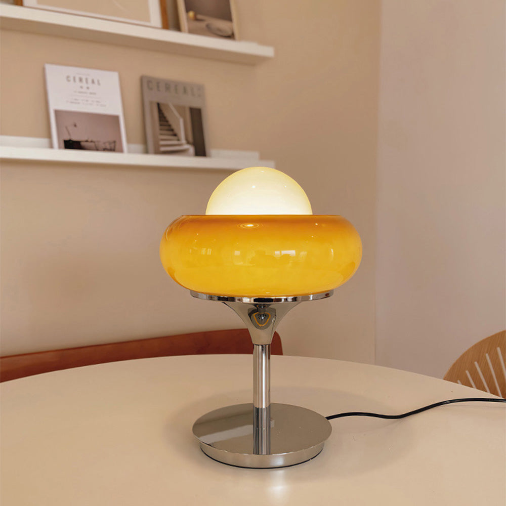 Vintage Bauhaus Glass Table Lamp with Yellow Shade - Mid-Century Modern Lighting for Living Room & Bedroom
