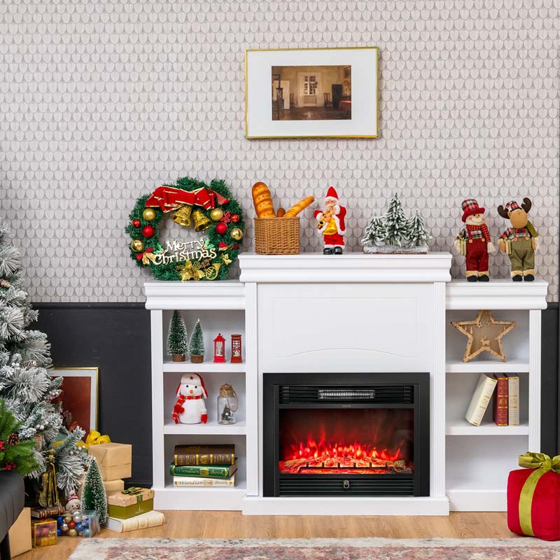 70" Mantel Fireplace TV Stand with 28.5" 750W/1500W Electric Fireplace Insert, Modern Media Fireplace Cabinet Built-in 6 Storage Shelves