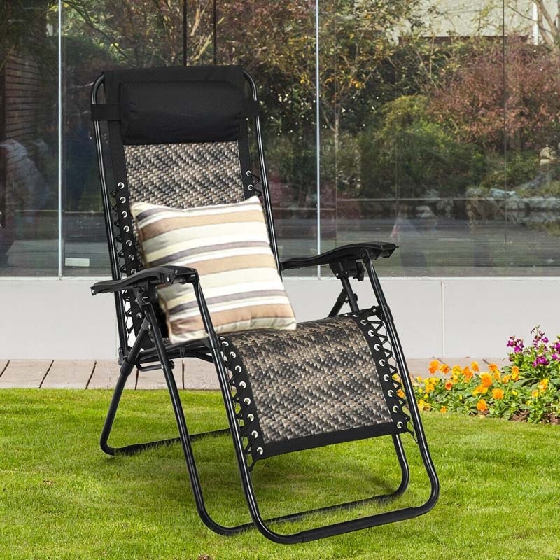 Rattan Folding Zero Gravity Lounge Chair Outdoor with Removable Pillow, Locking System, Adjustable Portable Patio Armchair
